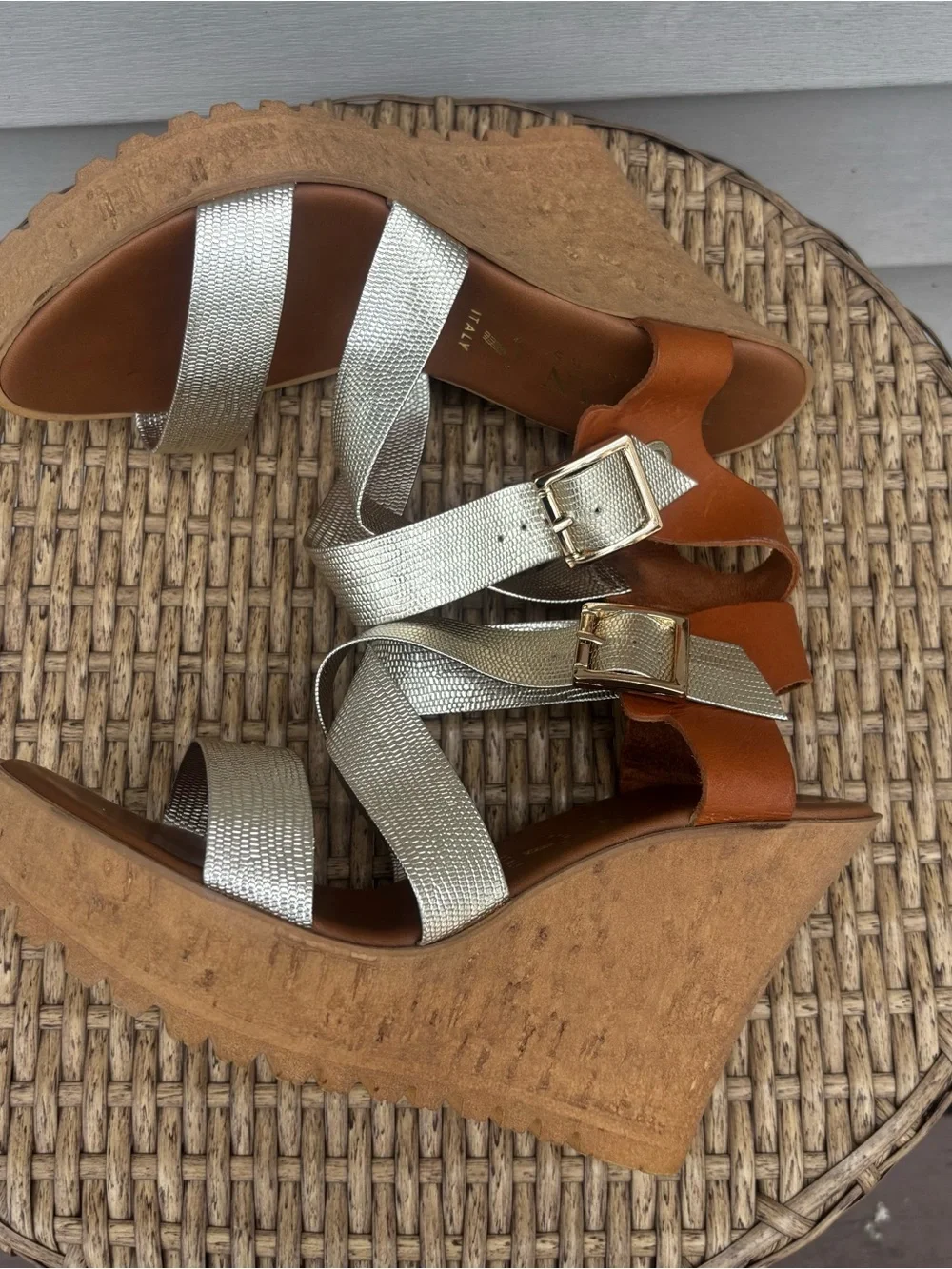 Italian Shoemakers Silver and Brown Cork Wedge Sandals